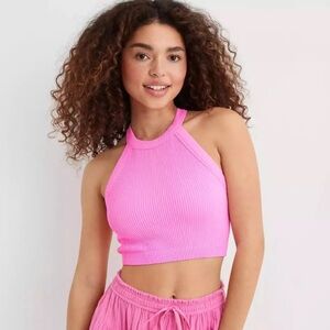 Aerie Seamless High Neck Pink Ribbed Bra Crop Top size XS NEW